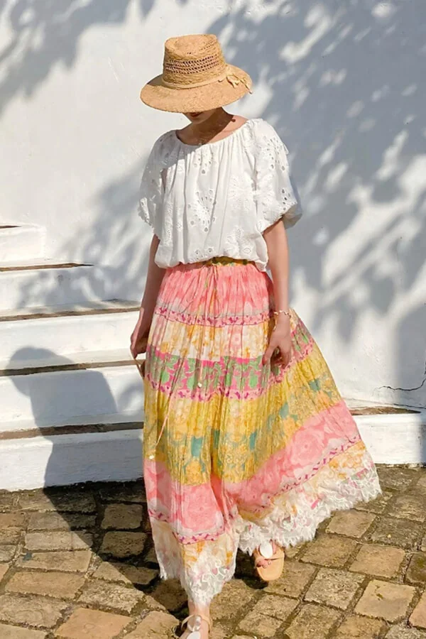 French Riviera Crinkled Floral Scalloped Lace Womens Cotton Maxi Skirt