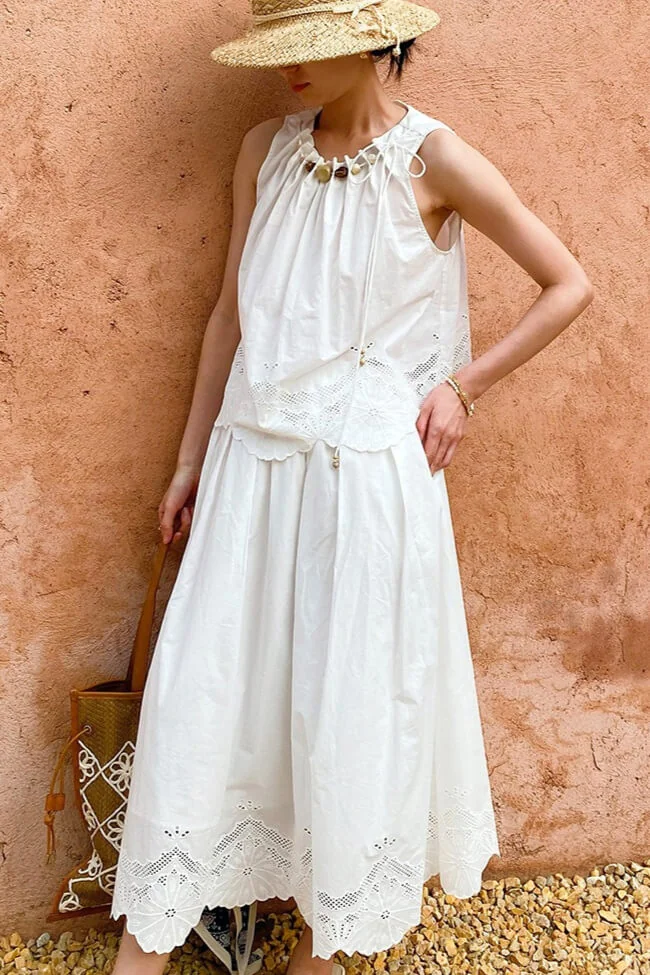 French Riviera Cotton Broderie Anglaise Womens Sleeveless Blouse