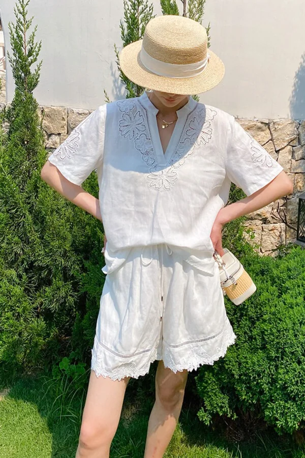 French Riviera Short Sleeve Broderie Anglaise Linen Lyocell Blouse