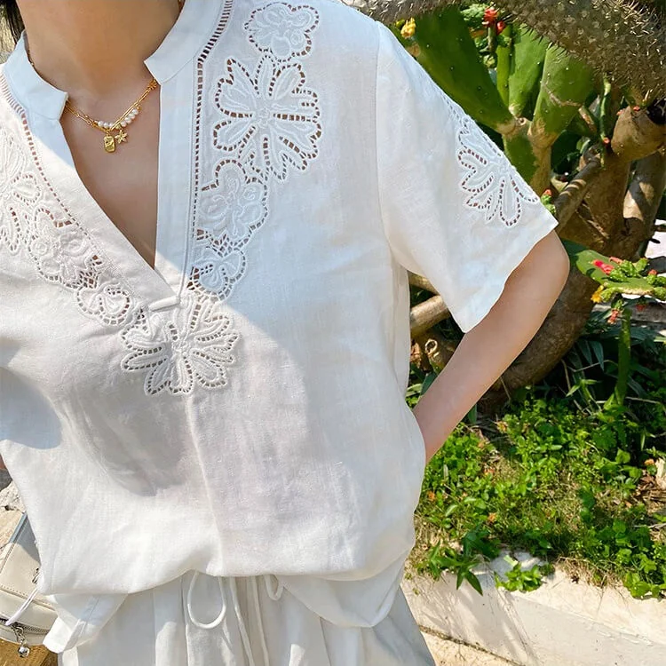 French Riviera Short Sleeve Broderie Anglaise Linen Lyocell Blouse