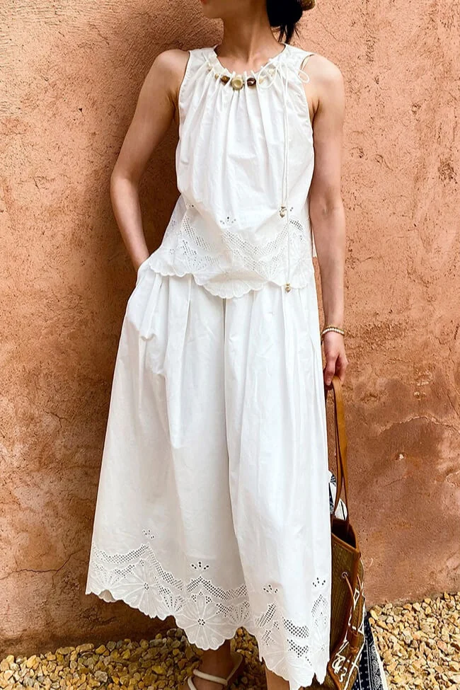 French Riviera Cotton Broderie Anglaise Womens Sleeveless Blouse