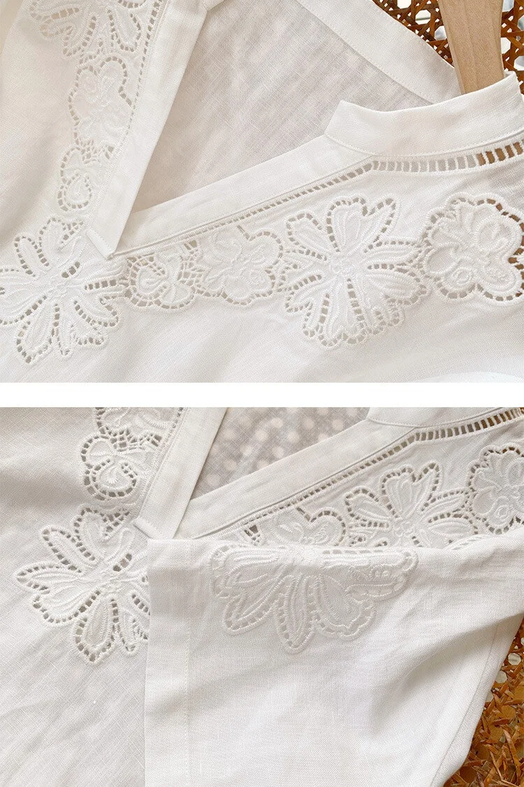 French Riviera Short Sleeve Broderie Anglaise Linen Lyocell Blouse