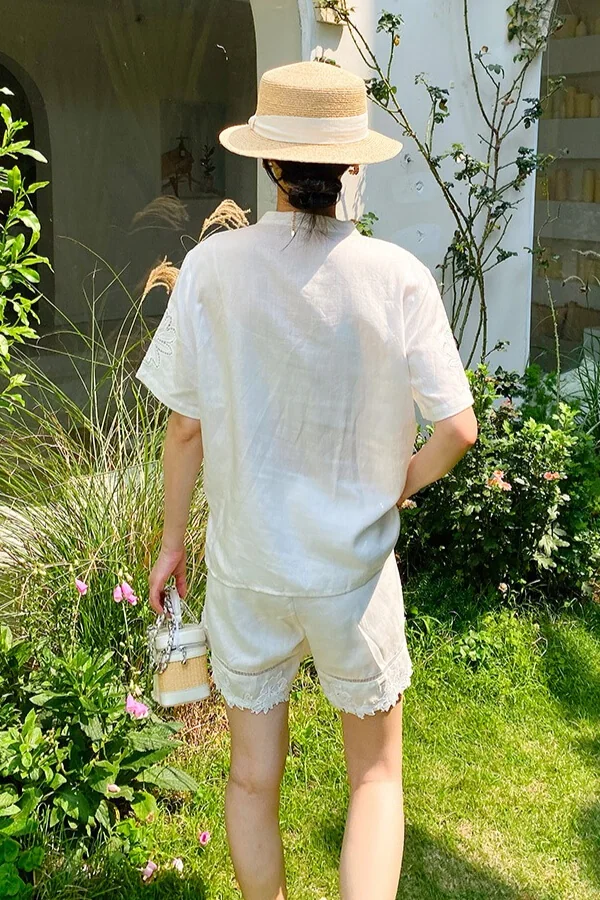 French Riviera Short Sleeve Broderie Anglaise Linen Lyocell Blouse