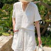 French Riviera Short Sleeve Broderie Anglaise Linen Lyocell Blouse
