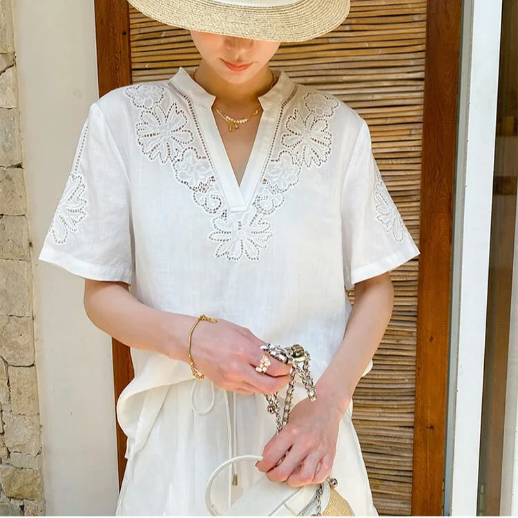 French Riviera Short Sleeve Broderie Anglaise Linen Lyocell Blouse