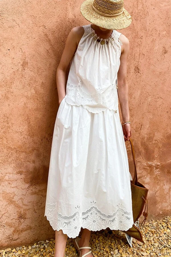 French Riviera Cotton Broderie Anglaise Womens Sleeveless Blouse
