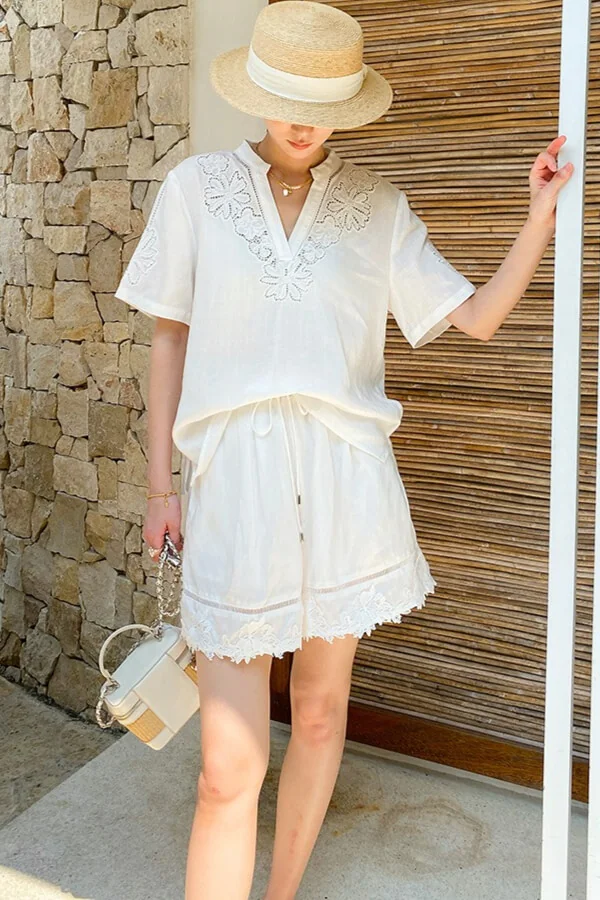 French Riviera Short Sleeve Broderie Anglaise Linen Lyocell Blouse