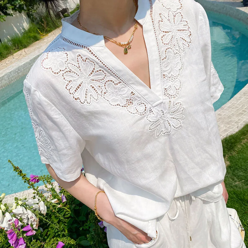 French Riviera Short Sleeve Broderie Anglaise Linen Lyocell Blouse