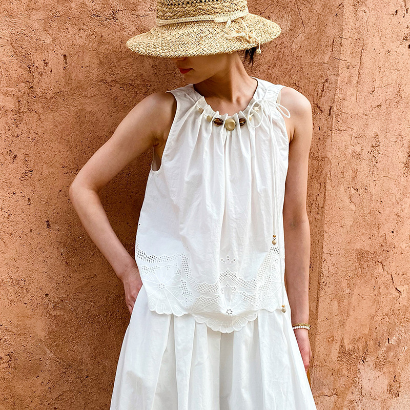 French Riviera Scalloped Broderie Anglaise Cotton Womens Midi Skirt Set