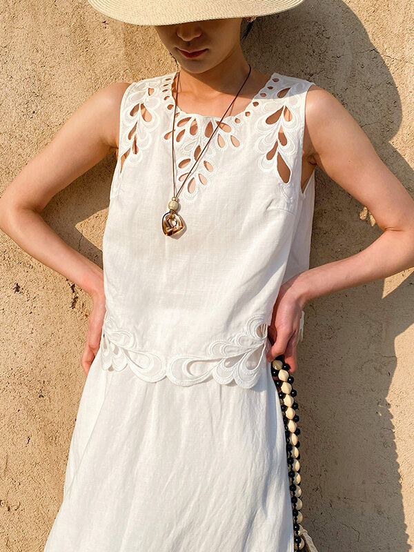 French Riviera Broderie Anglaise Linen Lyocell Womens Summer Tops