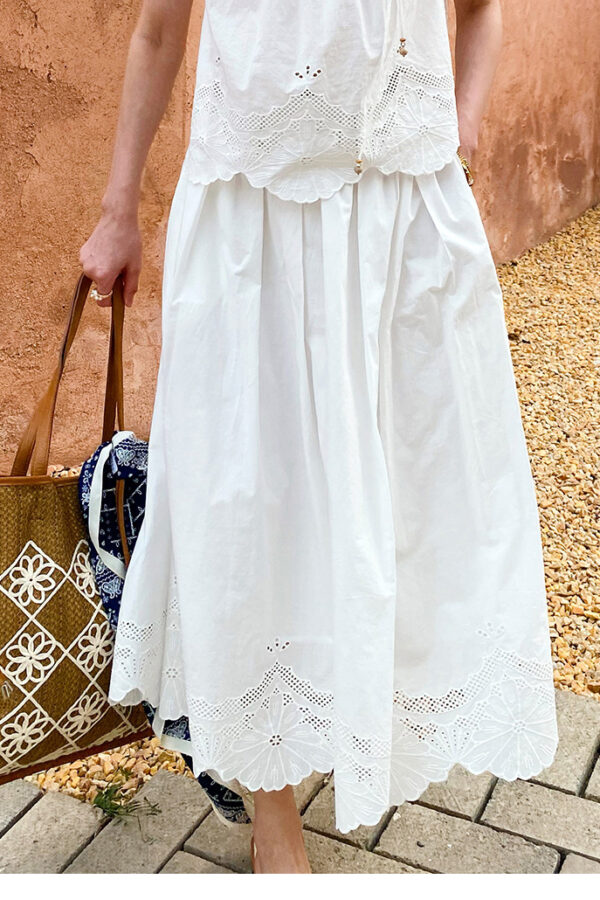 French Riviera Scalloped Broderie Anglaise Cotton Womens Midi Skirt Set