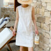 French Riviera Cotton Linen Eyelet Womens Sleeveless Shift Mini Dress
