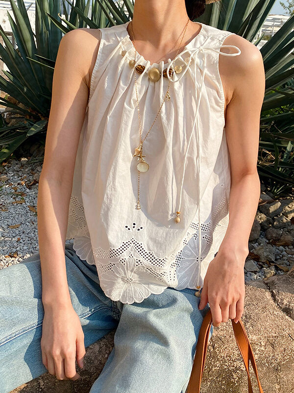 French Riviera Cotton Broderie Anglaise Womens Sleeveless Blouse