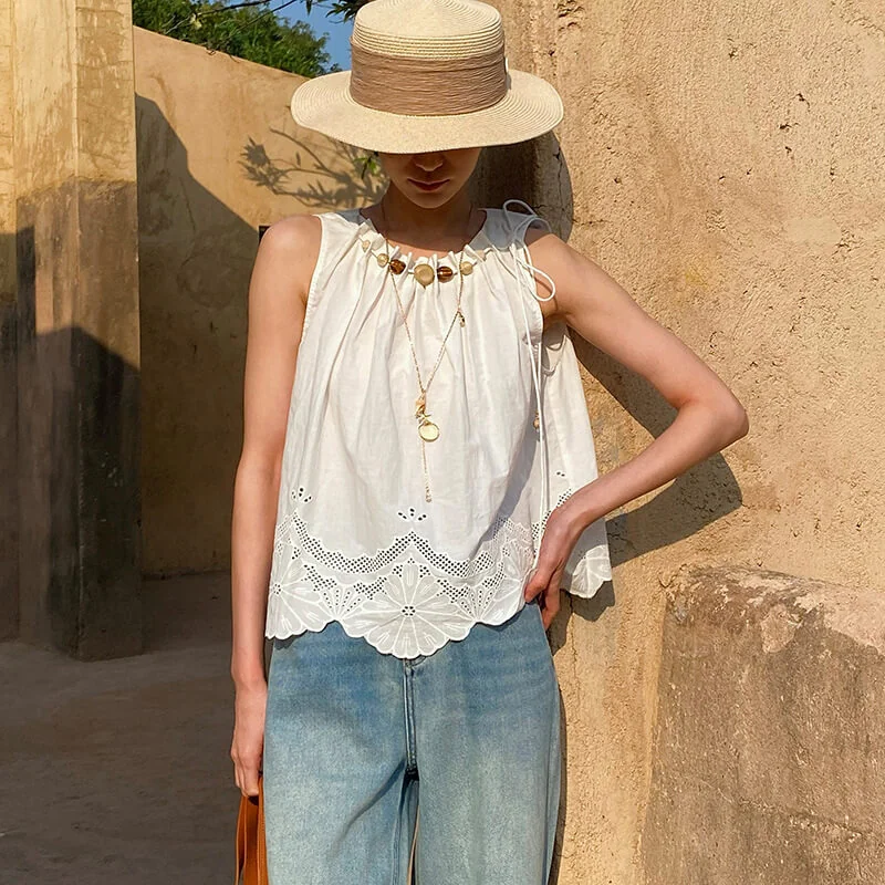French Riviera Cotton Broderie Anglaise Womens Sleeveless Blouse