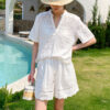 French Riviera Short Sleeve Broderie Anglaise Linen Lyocell Blouse