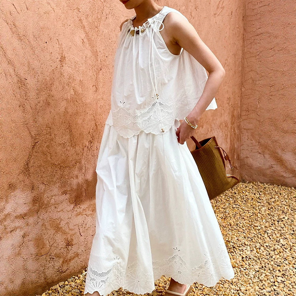 French Riviera Scalloped Broderie Anglaise Cotton Womens Midi Skirt Set