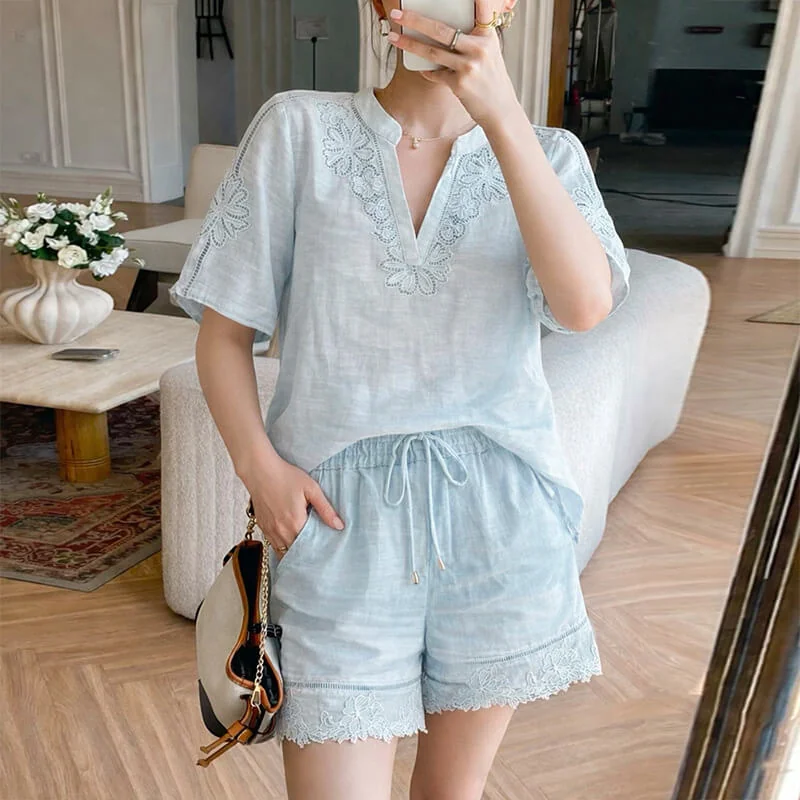 French Riviera Short Sleeve Broderie Anglaise Linen Lyocell Blouse