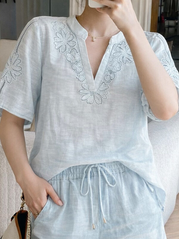 French Riviera Short Sleeve Broderie Anglaise Linen Lyocell Blouse