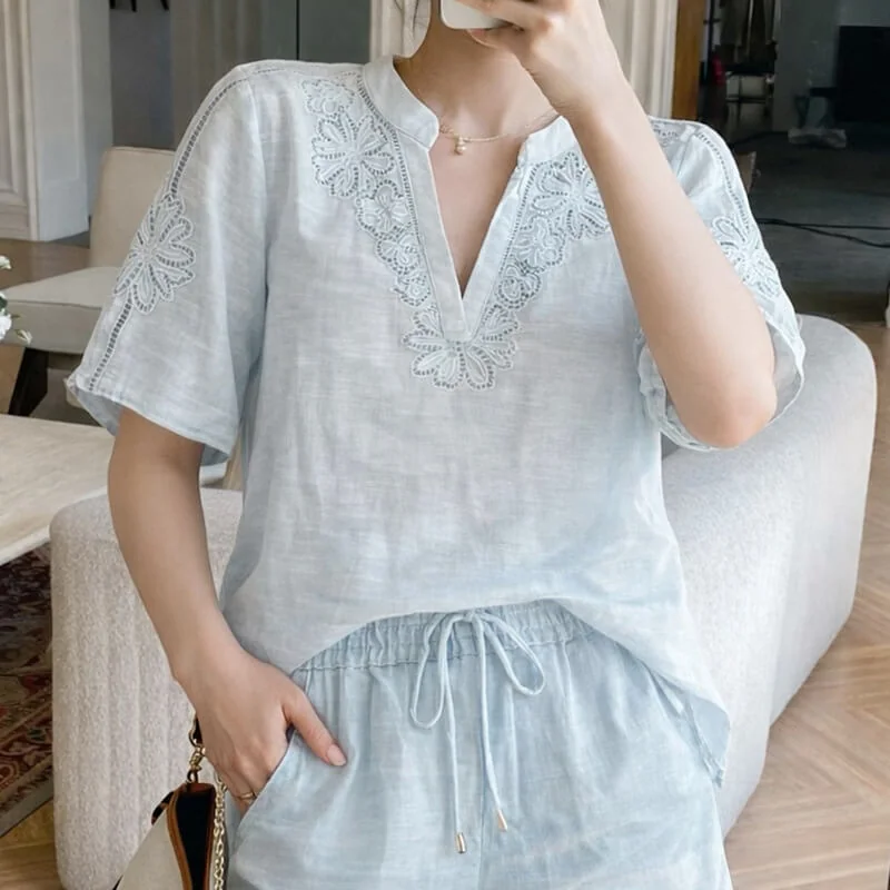 French Riviera Short Sleeve Broderie Anglaise Linen Lyocell Blouse