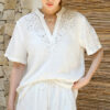 French Riviera Short Sleeve Broderie Anglaise Linen Lyocell Blouse