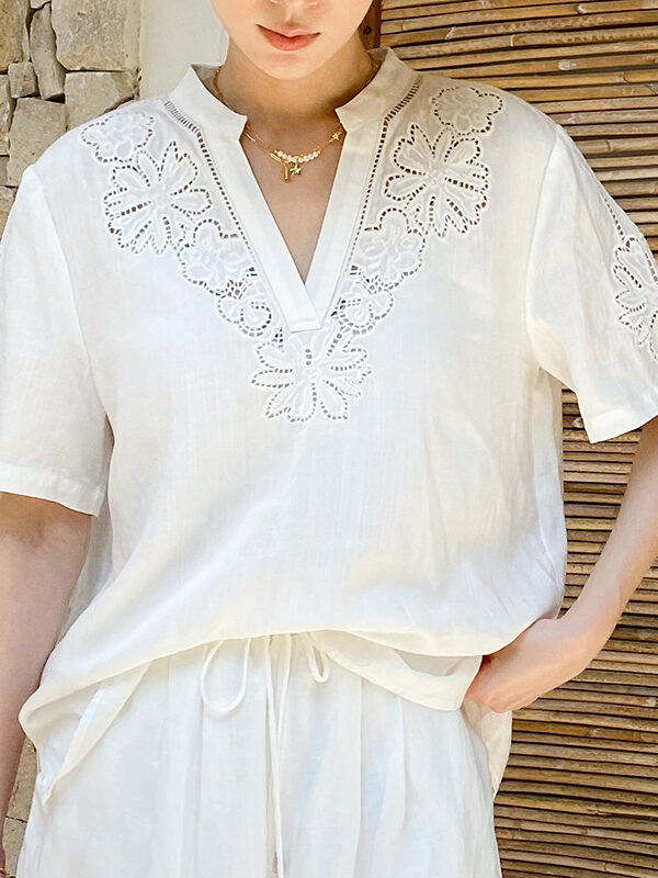 French Riviera Short Sleeve Broderie Anglaise Linen Lyocell Blouse