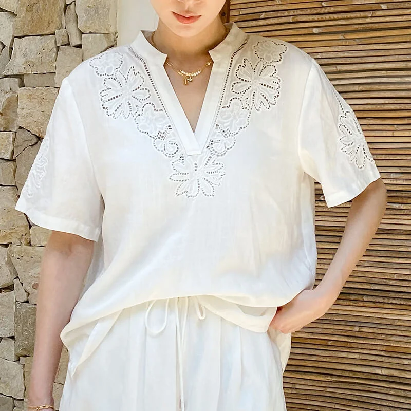 French Riviera Short Sleeve Broderie Anglaise Linen Lyocell Blouse