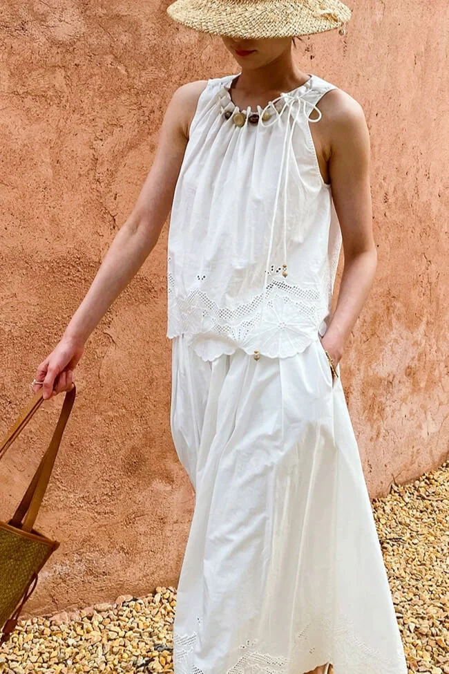 French Riviera Cotton Broderie Anglaise Womens Sleeveless Blouse