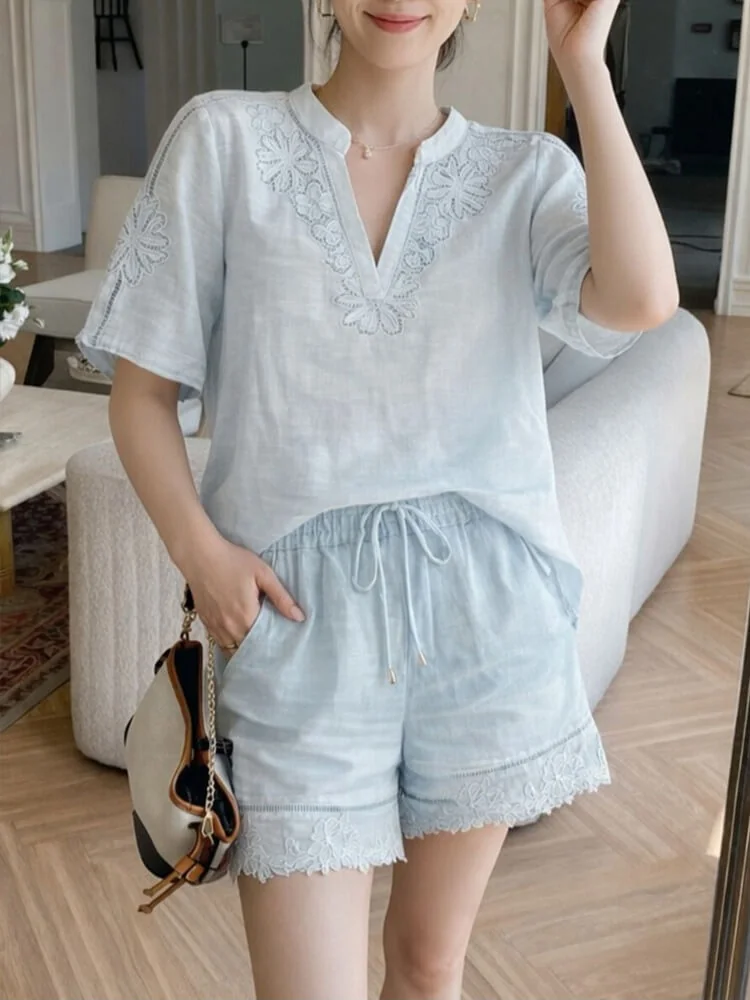 French Riviera Linen Lyocell Scalloped Embroidered Womens Shorts