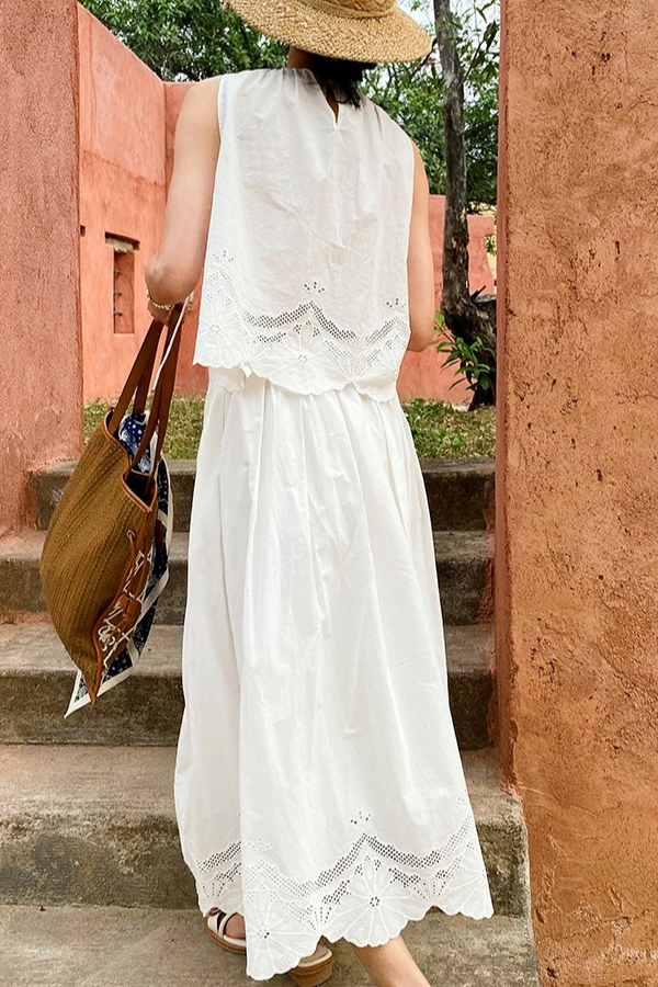 French Riviera Scalloped Broderie Anglaise Cotton Womens Midi Skirt Set