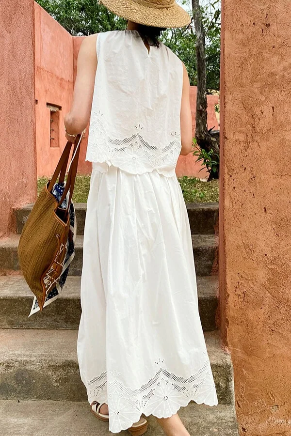 French Riviera Cotton Broderie Anglaise Womens Sleeveless Blouse