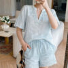 French Riviera Short Sleeve Broderie Anglaise Linen Lyocell Blouse
