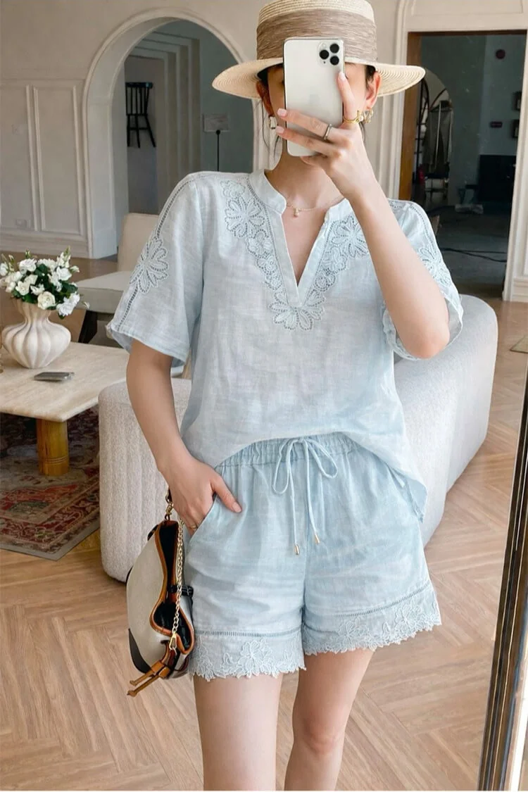 French Riviera Short Sleeve Broderie Anglaise Linen Lyocell Blouse