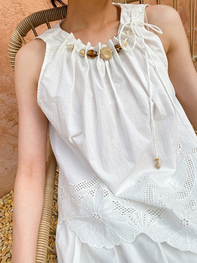 French Riviera Scalloped Broderie Anglaise Cotton Womens Midi Skirt Set