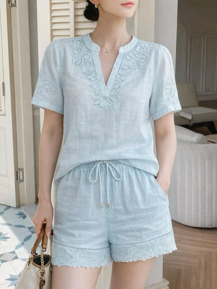 French Riviera Linen Lyocell Scalloped Embroidered Womens Shorts