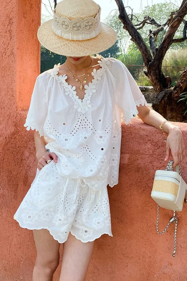 French Riviera Floral Broderie Anglaise Breathable Cotton Women Blouse