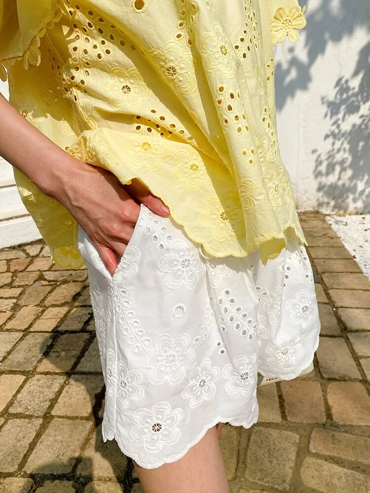 French Riviera Floral Broderie Anglaise Breathable Cotton Women Blouse