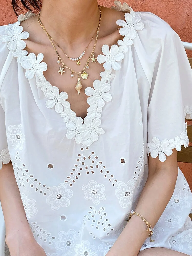 French Riviera Floral Broderie Anglaise Breathable Cotton Women Blouse