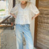 French Riviera Breathable Cotton Lace Ruffled Tie Front Womens Blouse