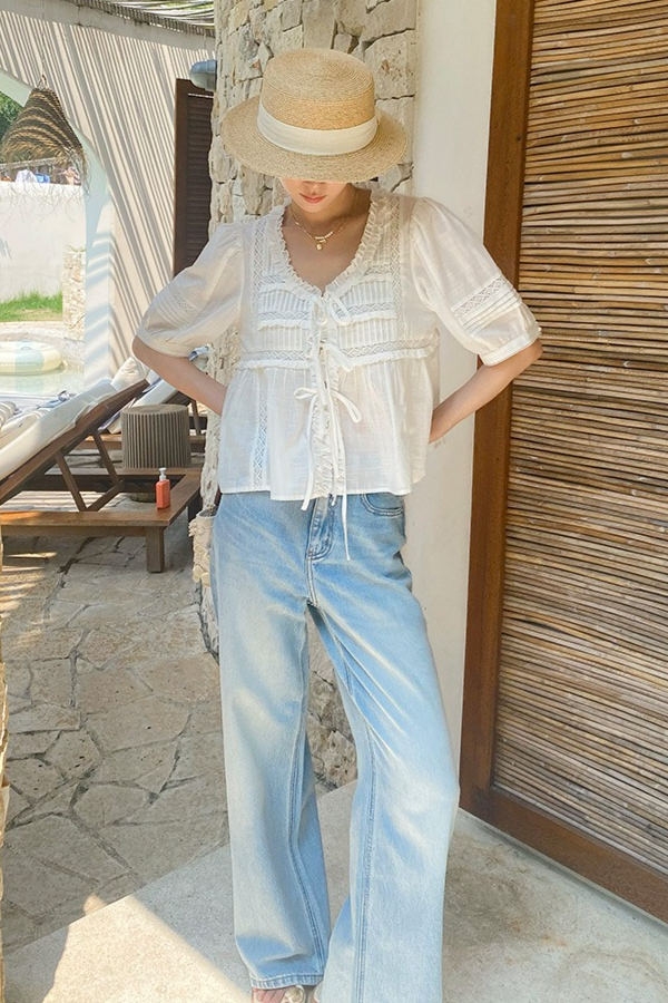 French Riviera Breathable Cotton Lace Ruffled Tie Front Womens Blouse