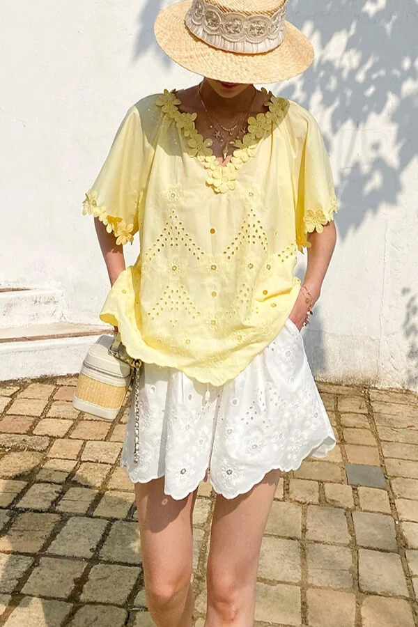French Riviera Floral Broderie Anglaise Breathable Cotton Women Blouse