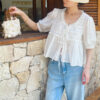 French Riviera Breathable Cotton Lace Ruffled Tie Front Womens Blouse