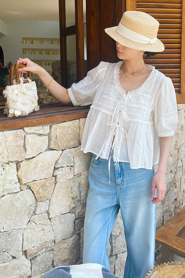 French Riviera Breathable Cotton Lace Ruffled Tie Front Womens Blouse