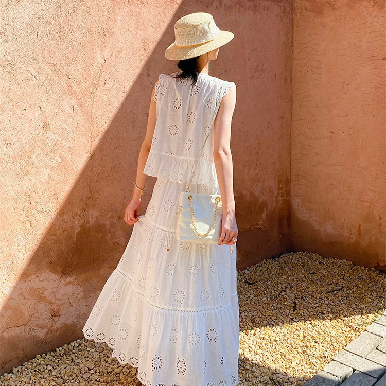French Riviera Broderie Anglaise Cotton Womens Summer Midi Skirt