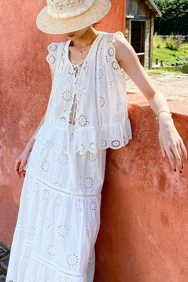 French Riviera Broderie Anglaise White Cotton Women Summer Top