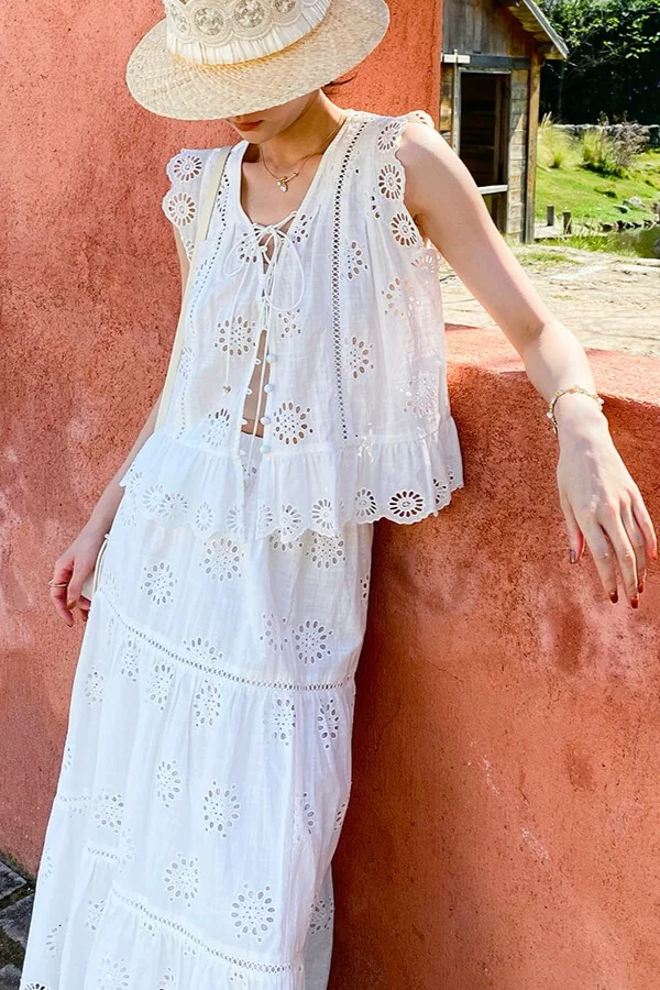 French Riviera Broderie Anglaise White Cotton Women Summer Top