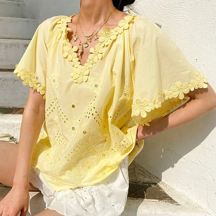 French Riviera Floral Broderie Anglaise Breathable Cotton Women Blouse