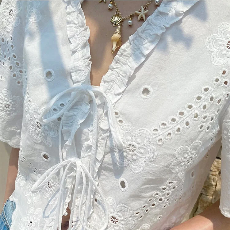 French Riviera Cotton Broderie Anglaise Womens Short Sleeve Blouse
