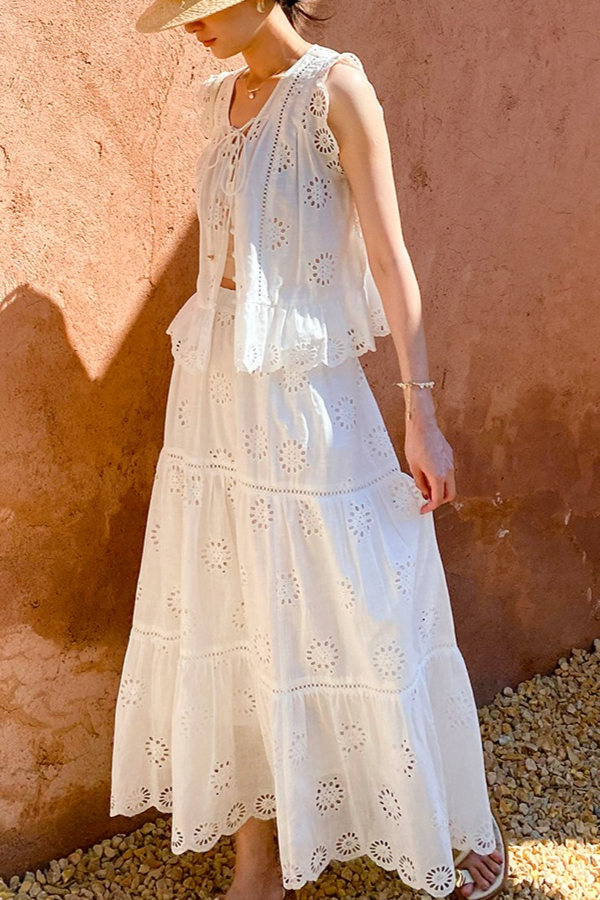 French Riviera Broderie Anglaise Cotton Womens Summer Midi Skirt