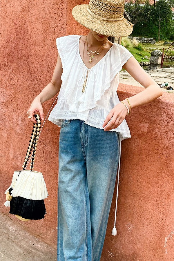 French Riviera Breathable Cotton Broderie Anglaise Womens Blouse