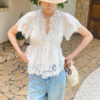 French Riviera Broderie Anglaise White Cotton Womens V Neck Blouse